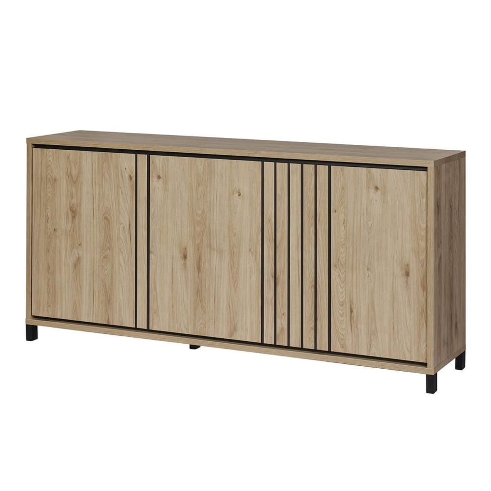 Buffet 4 portes 188cm aspect bois détail déco lignes verticales noires Buffet 4 portes 188cm aspect bois détail déco lignes verticales noires