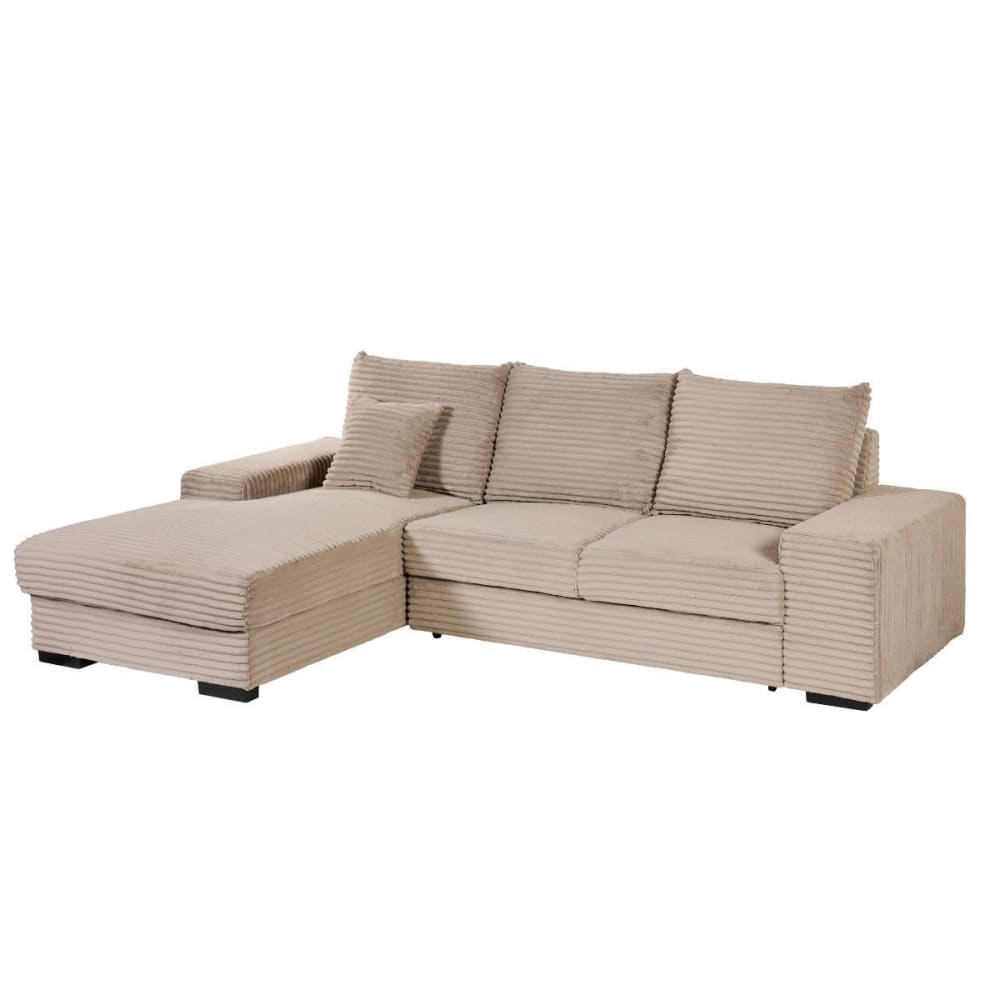 Canapé d'angle gauche convertible tissu côtelé taupe 2 coussins