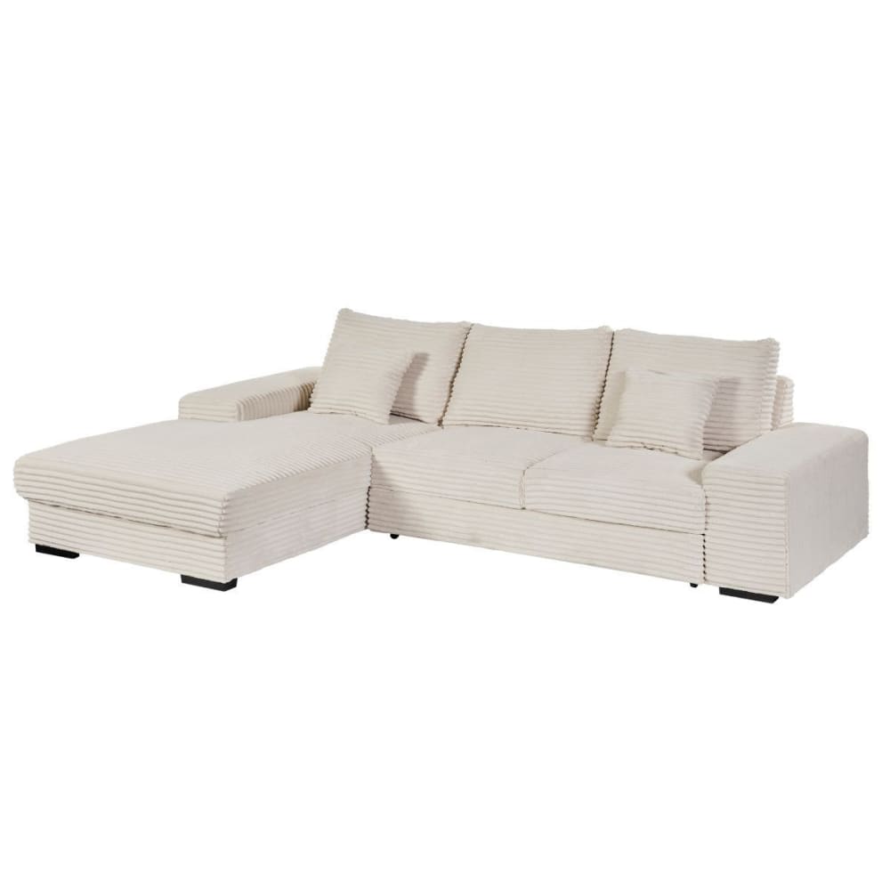 Canapé d'angle gauche convertible tissu côtelé crème 2 coussins