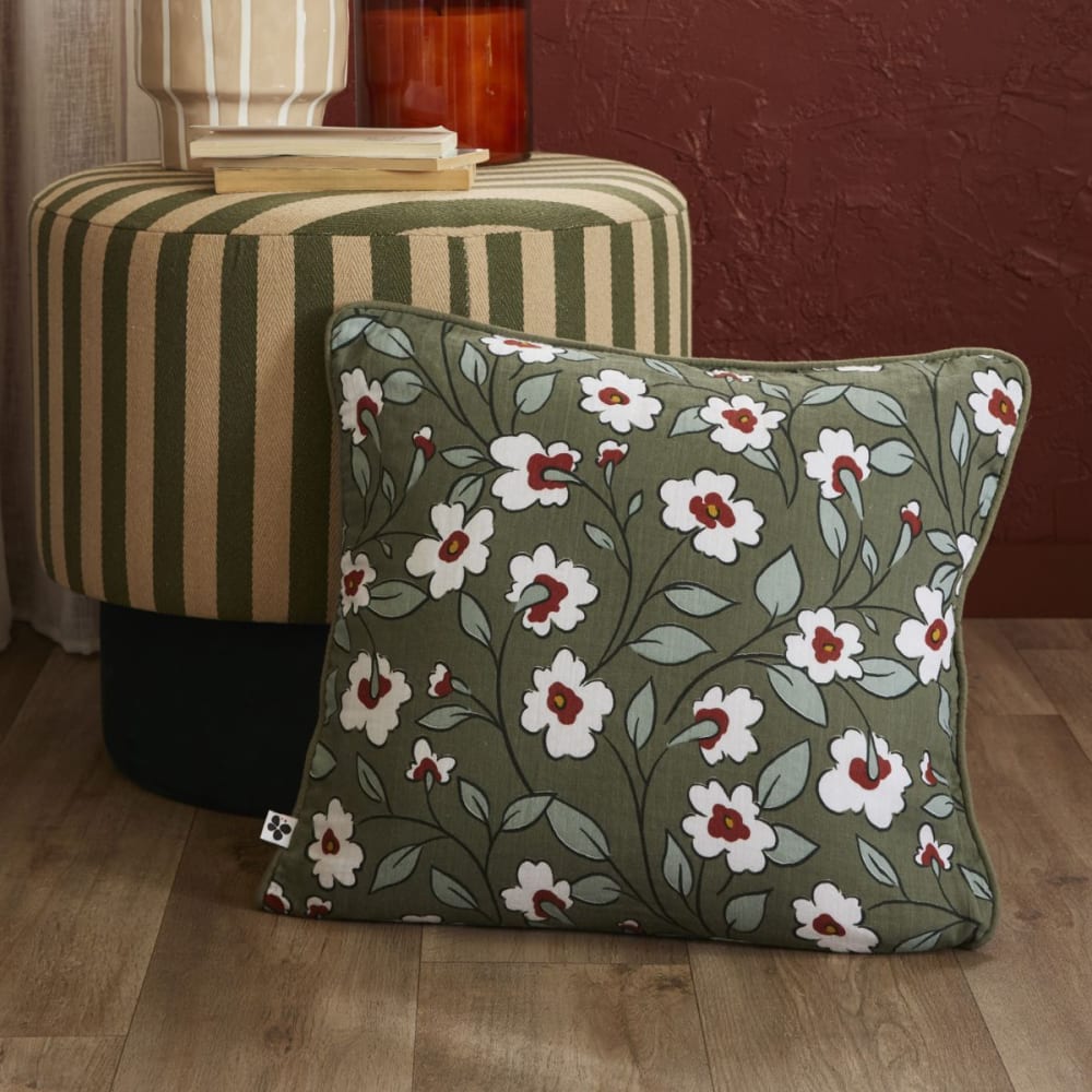 Coussin déhoussable 45x45cm gaze de coton imprimé floral coloris vert — vue 3