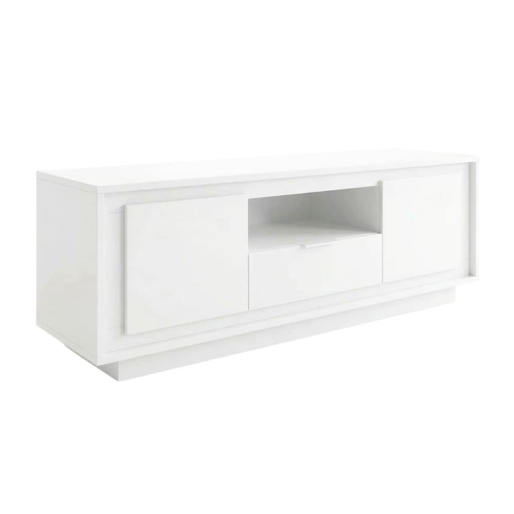 Meuble tv 2 portes 1 tiroirs 1 niche blanc laqué pied socle