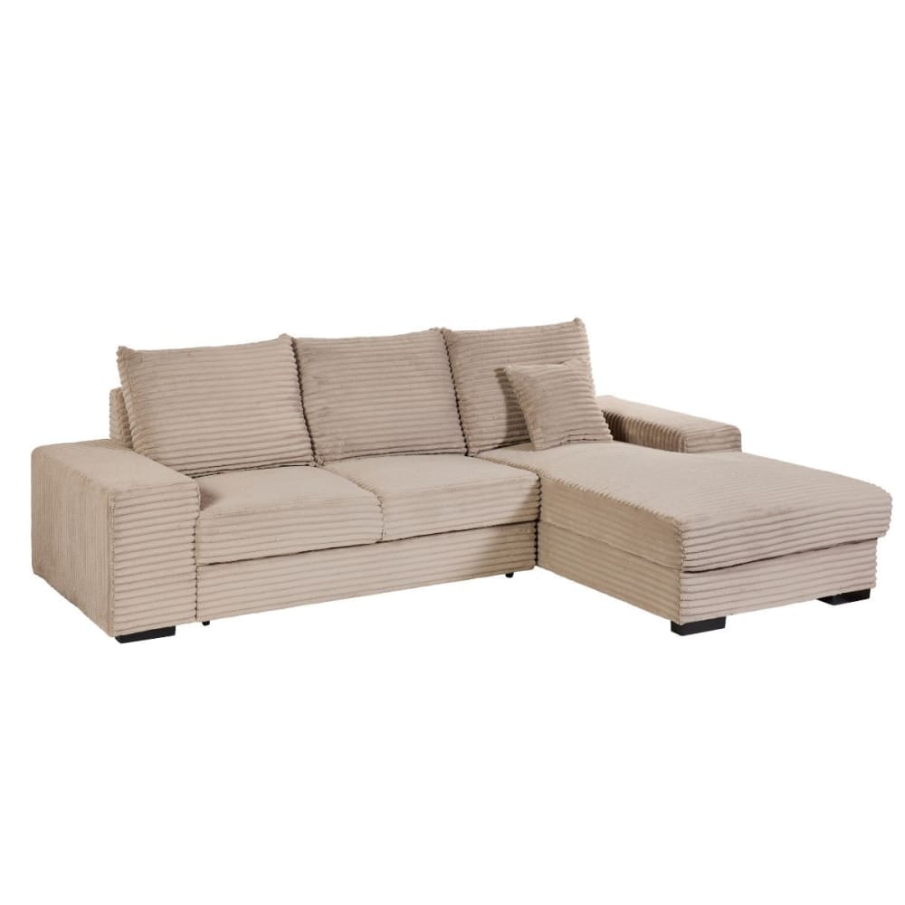 Canapé d'angle droit convertible tissu côtelé taupe 2 coussins