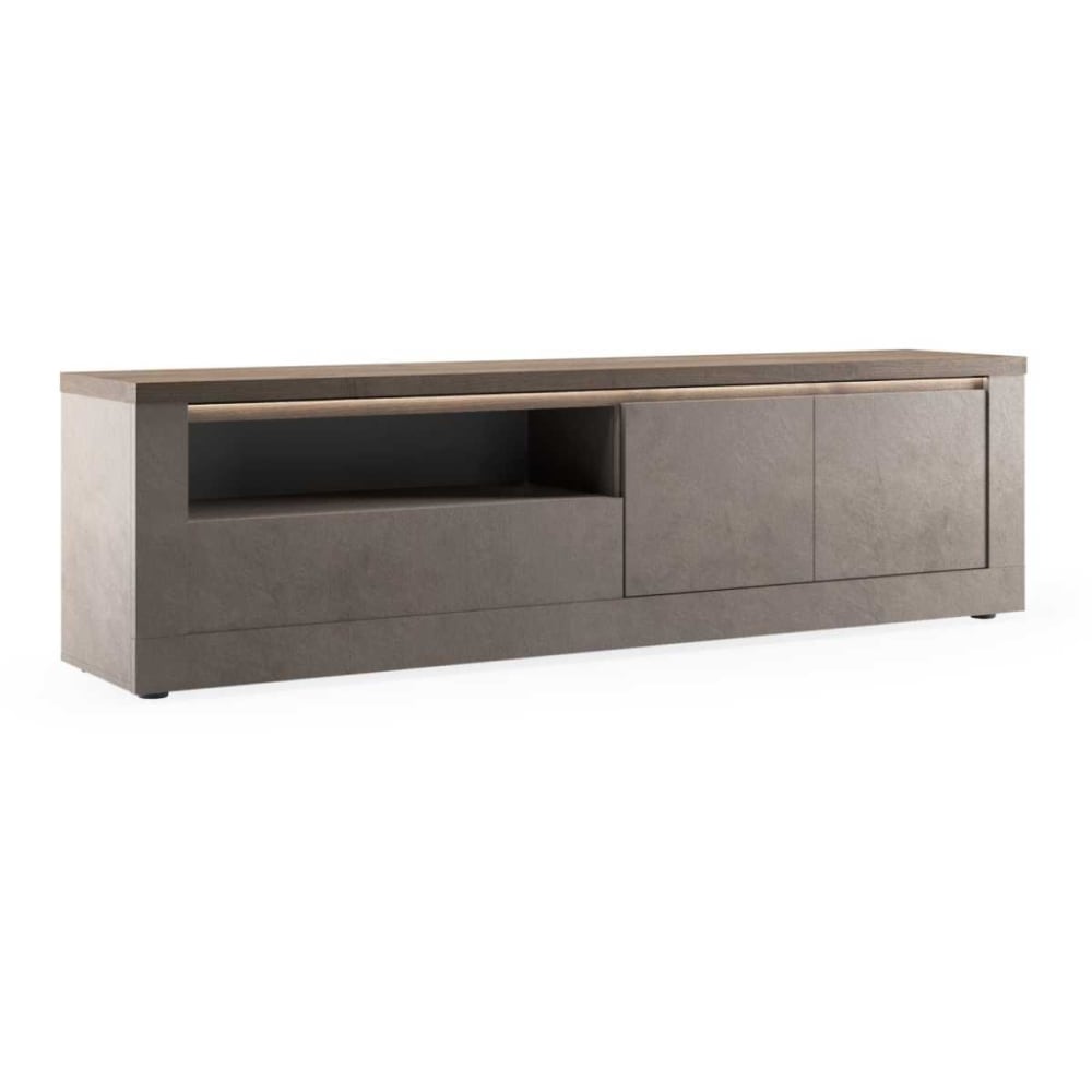 Meuble tv 2 portes aspect bronze plateau bois mercure et led Meuble tv 2 portes aspect bronze plateau bois mercure et led