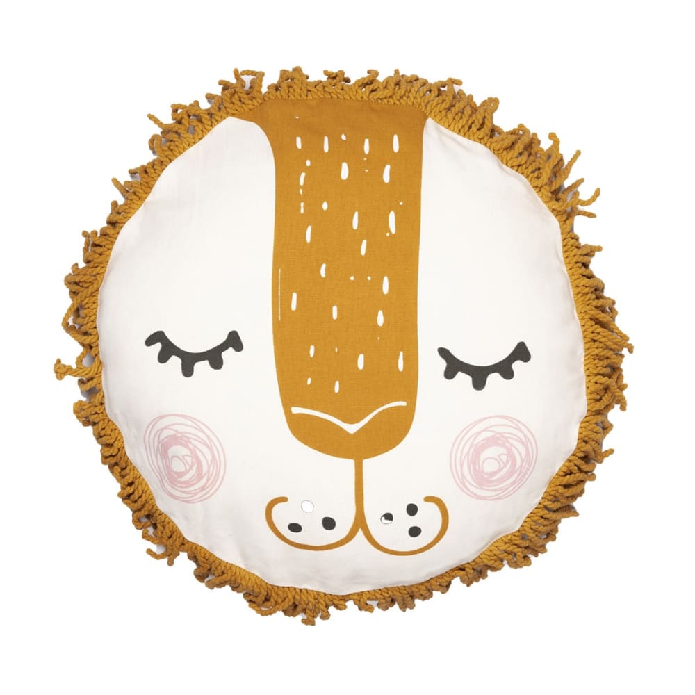 Coussin déhoussable ø40cm coton motif lion avec franges de macramé