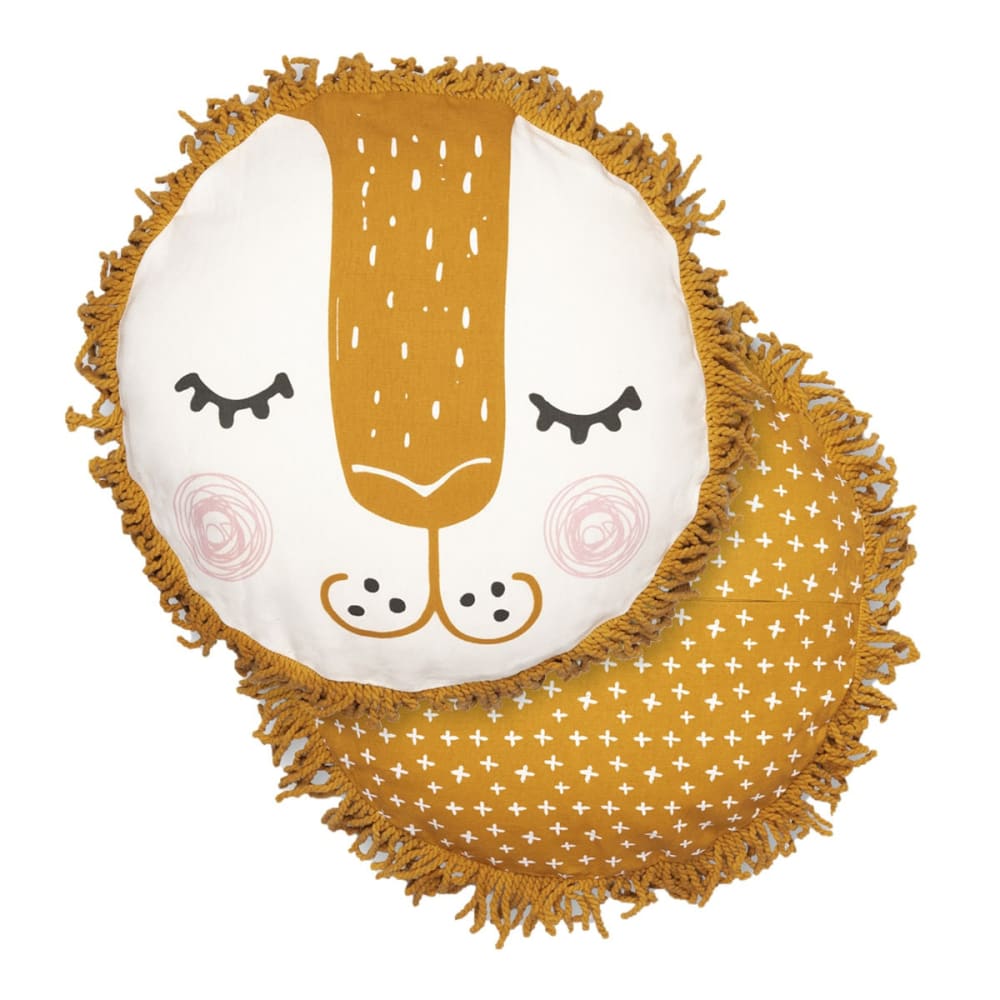 Coussin déhoussable ø40cm coton motif lion avec franges de macramé — vue 3