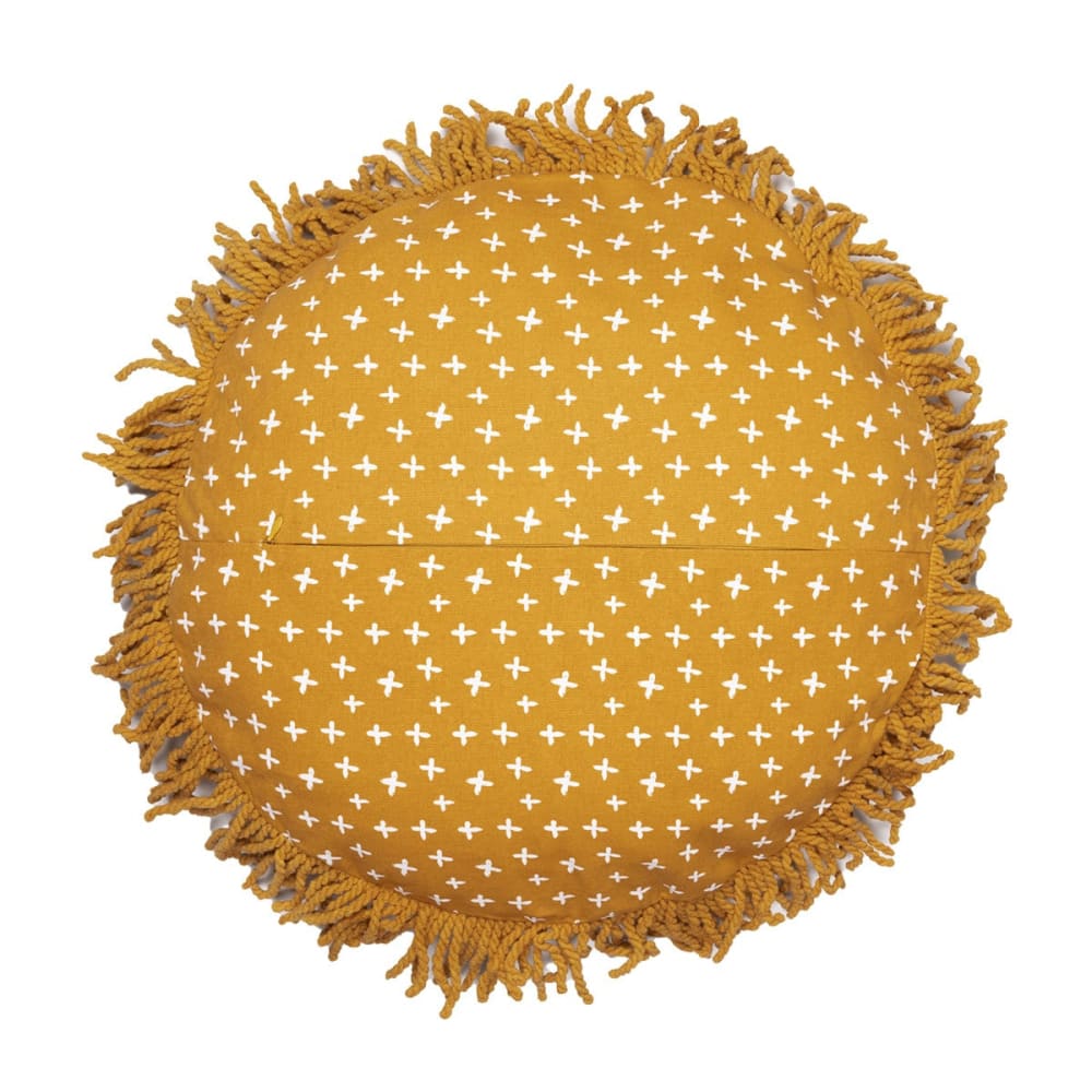 Coussin déhoussable ø40cm coton motif lion avec franges de macramé — vue 4