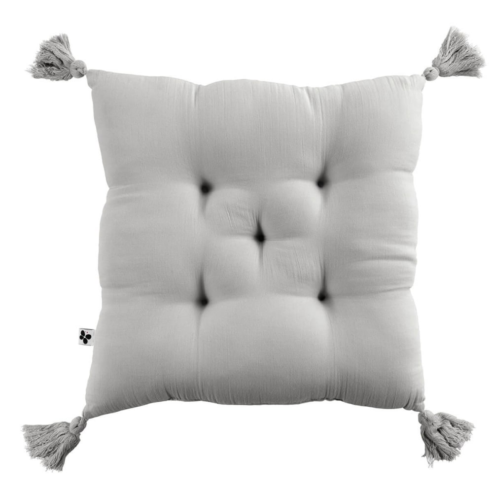 Coussin capitonné 40x40cm avec pompons gaze de coton nuage