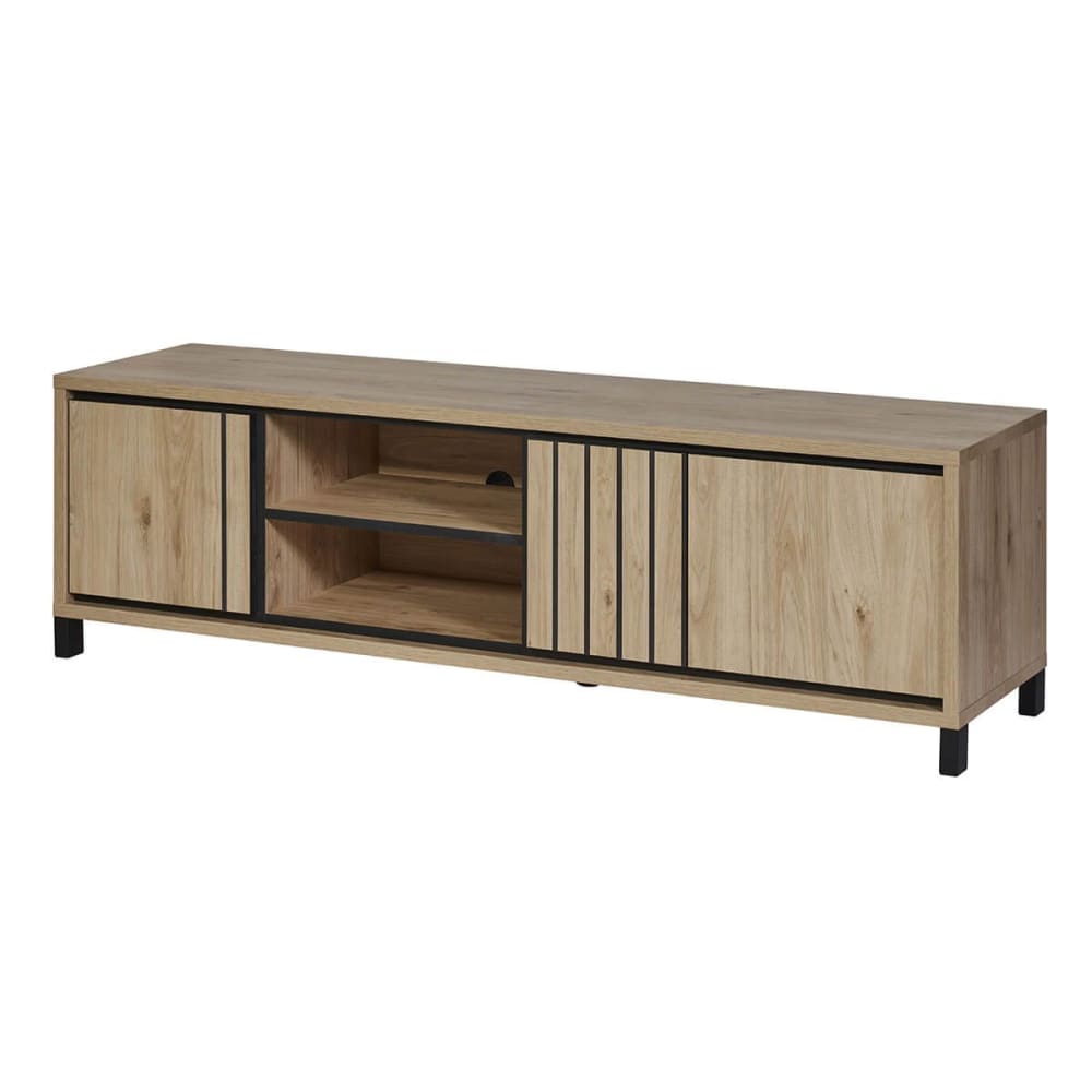 Meuble tv 170cm aspect bois détail déco lignes verticales noires Meuble tv 170cm aspect bois détail déco lignes verticales noires