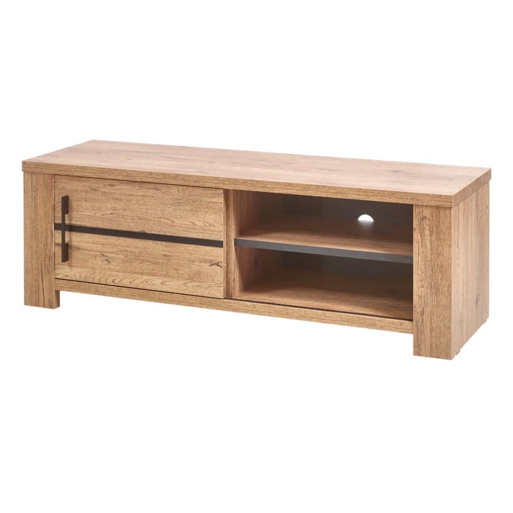 Meuble tv 1 porte coulissante aspect chêne naturel et noir mat
