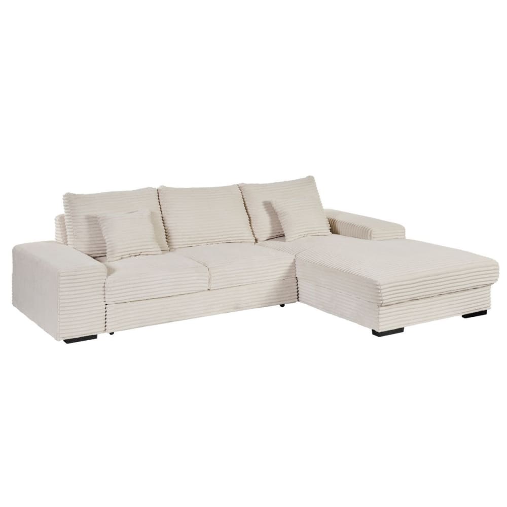 Canapé d'angle droit convertible tissu côtelé crème 2 coussins
