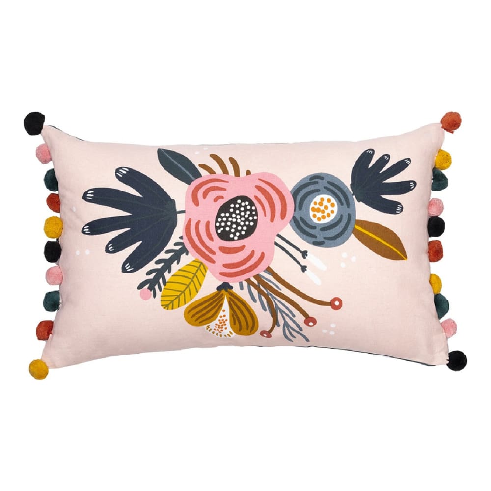 Coussin déhoussable 30x50cm coton motif rétro avec pompons