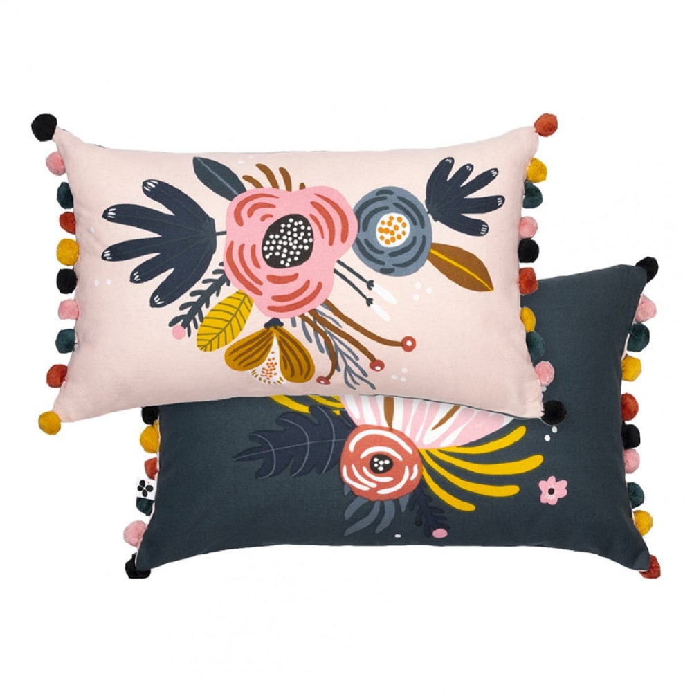 Coussin déhoussable 30x50cm coton motif rétro avec pompons — vue 3