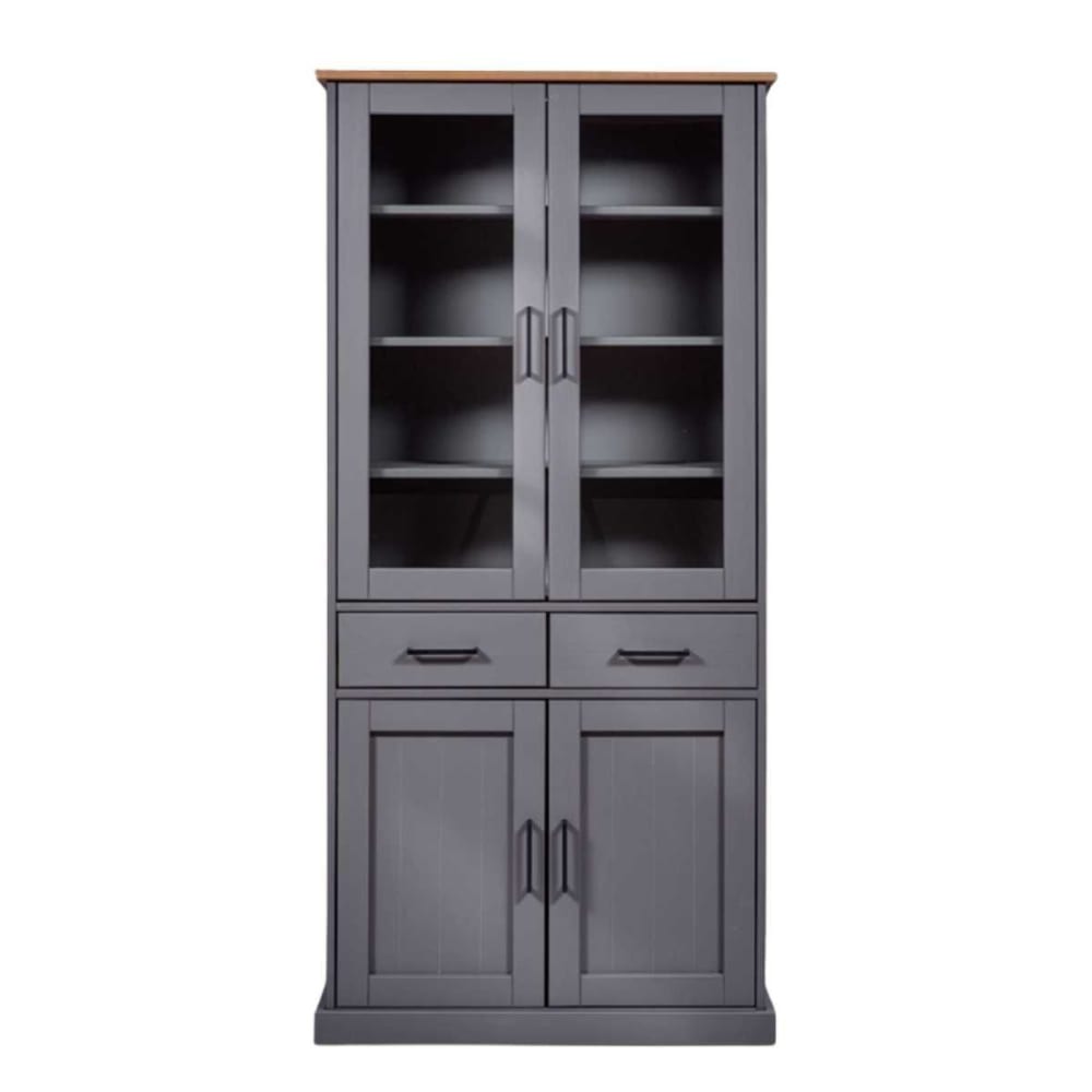 Vitrine 4 portes 2 tiroirs pin massif teinté gris Vitrine 4 portes 2 tiroirs pin massif teinté gris