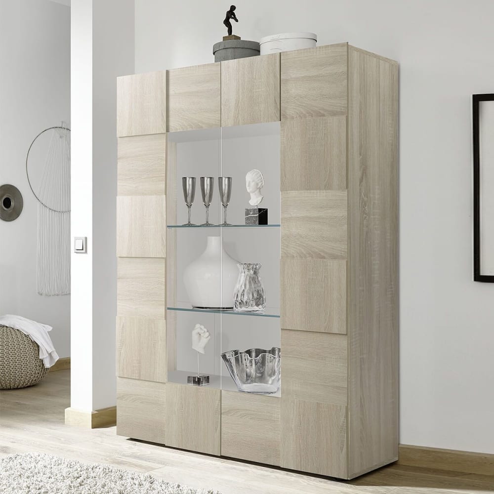 Vitrine 2 portes finition aspect bois samoa relief damiers