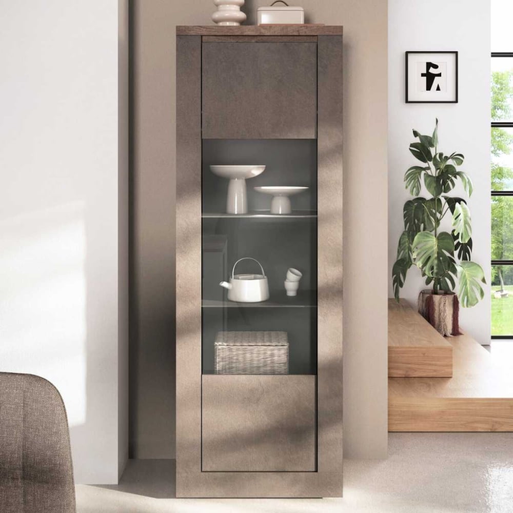 Vitrine 1 porte aspect bronze plateau bois mercure et led