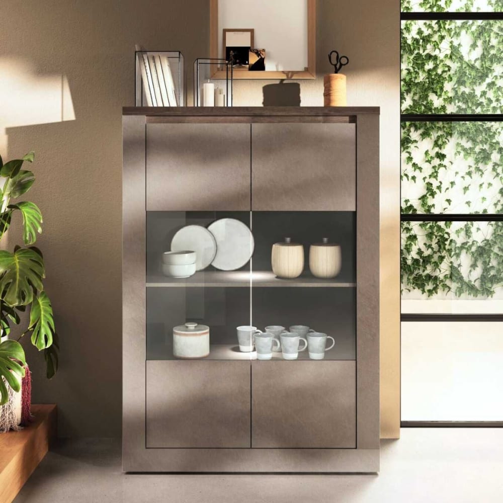Vitrine 2 portes aspect bronze plateau bois mercure et led