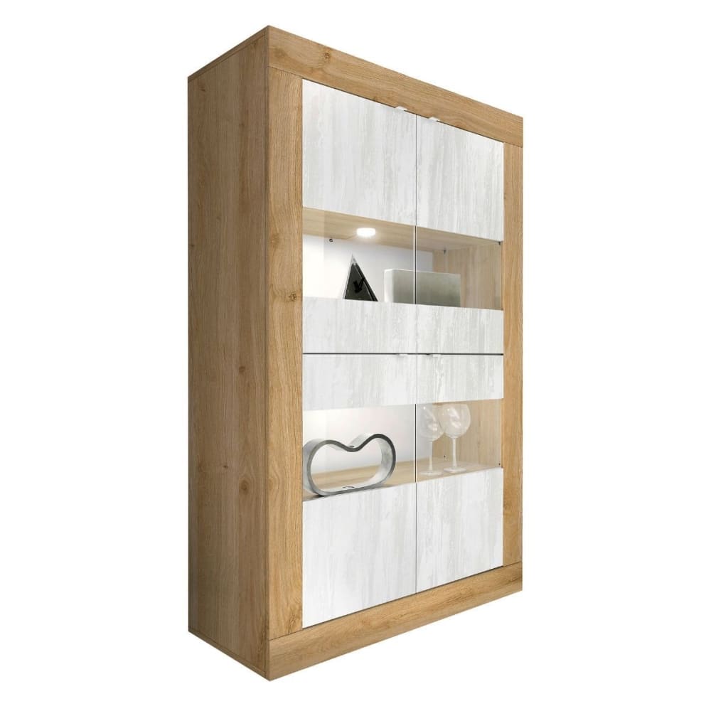 Vitrine 4 portes enbois cadiz et blanc texturées et verre et leds