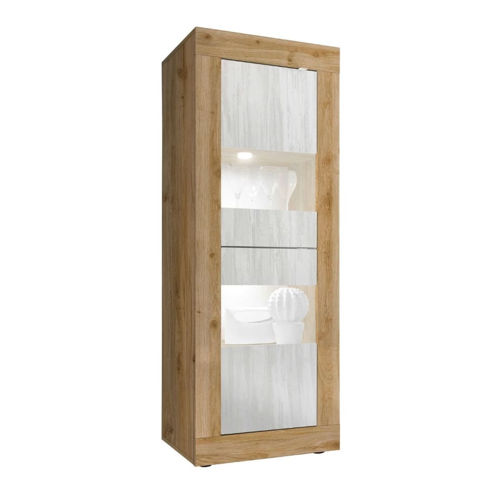 Vitrine 2 portes en bois cadiz et blanc texturées et verre et leds