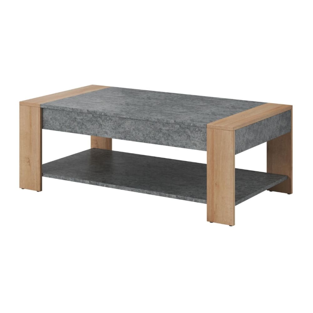 Table basse 2 plateaux finition granit gris pieds aspect chêne clair Table basse 2 plateaux finition granit gris pieds aspect chêne clair