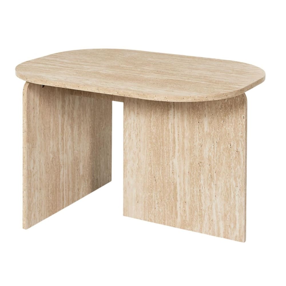 Table basse ovale plateau et piétements en mdf aspect travertin Table basse ovale plateau et piétements en mdf aspect travertin