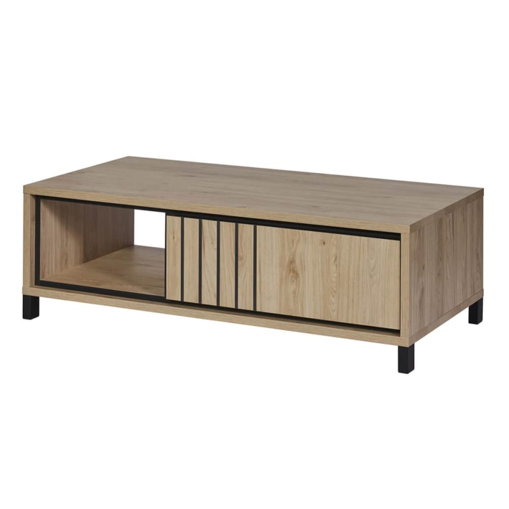 Table basse 1 tiroir aspect bois détail déco lignes verticales noires Table basse 1 tiroir aspect bois détail déco lignes verticales noires