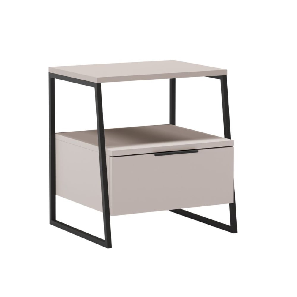 Chevet 2 niveaux avec 1 tiroir mélaminé beige et métal laqué noir Chevet 2 niveaux avec 1 tiroir mélaminé beige et métal laqué noir