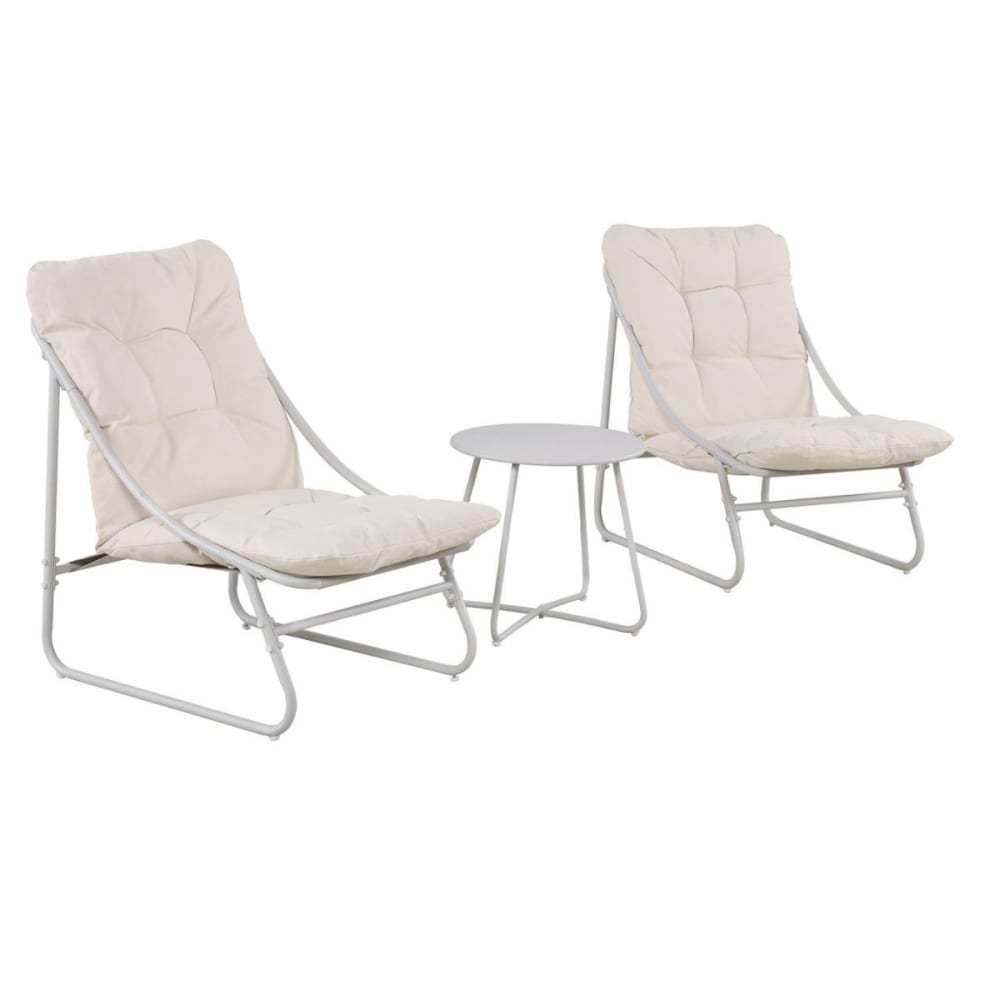 Ensemble jardin 2 fauteuils assise coussin capitonné table basse beige Ensemble jardin 2 fauteuils assise coussin capitonné table basse beige