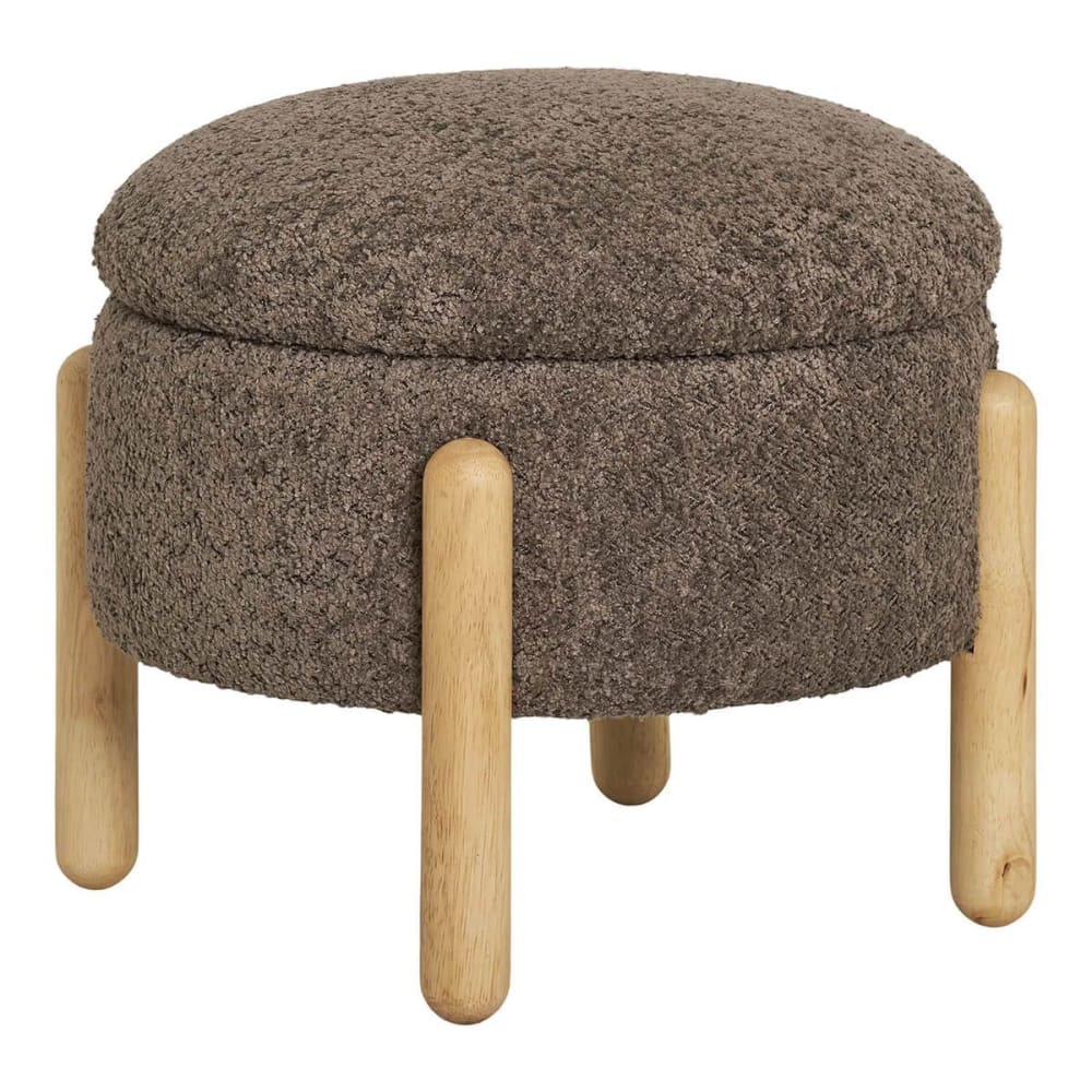 Pouf coffre rond revêtement bouclette marron
