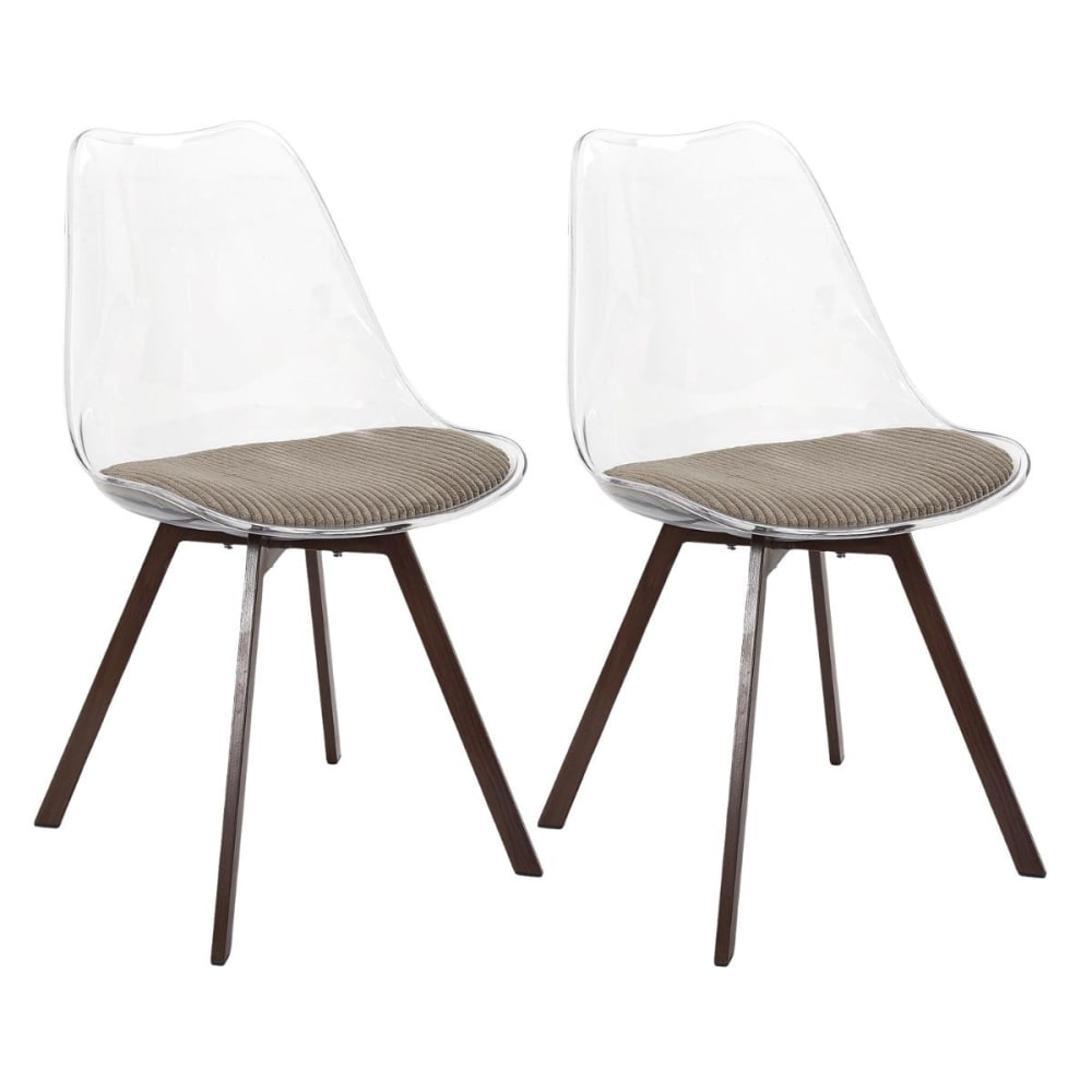 Lot de 2 chaises coque transparente coussin velours côtelé taupe