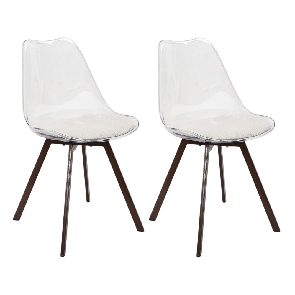 Lot de 2 chaises coque transparente coussin velours côtelé crème