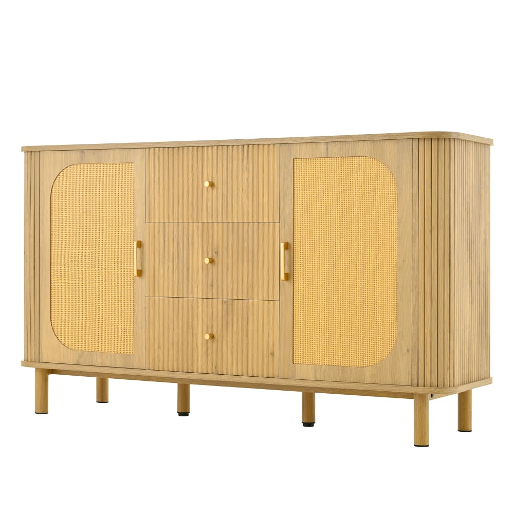 Buffet moderne avec tiroirs, étagères et pieds métalliques Buffet moderne avec tiroirs, étagères et pieds métalliques