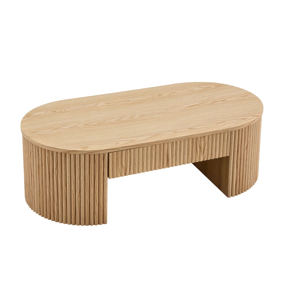 Table basse ovale en effet chêne avec tiroir et bois cannelé Table basse ovale en effet chêne avec tiroir et bois cannelé