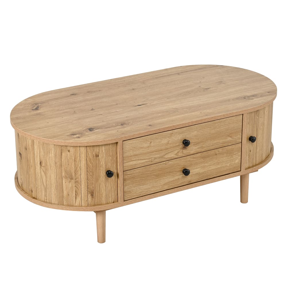 Table basse ovale rétro avec porte coulissante et 2 tiroirs