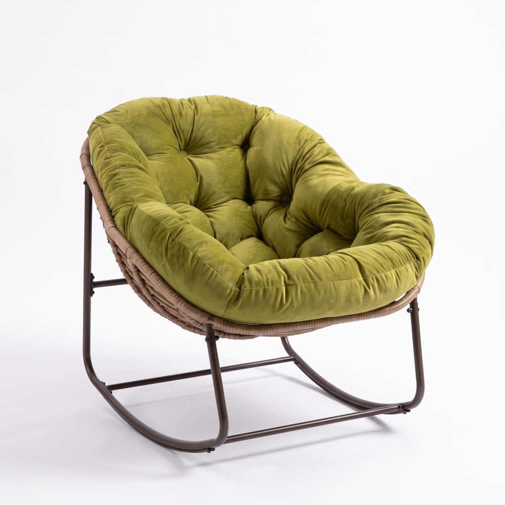 Fauteuil à bascule en rotin extérieur, avec coussin rembourré, olive Fauteuil à bascule en rotin extérieur, avec coussin rembourré, olive
