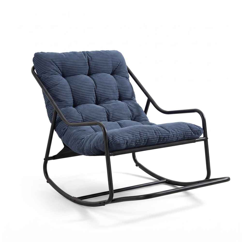 Chaise à bascule de jardin, coussin épais marine, tissu rayé vertical