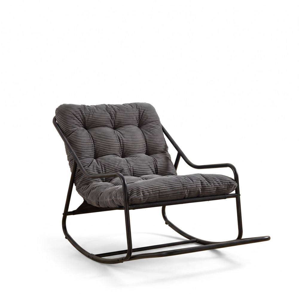 Chaise à bascule de jardin, coussin épais gris, tissu rayé vertical