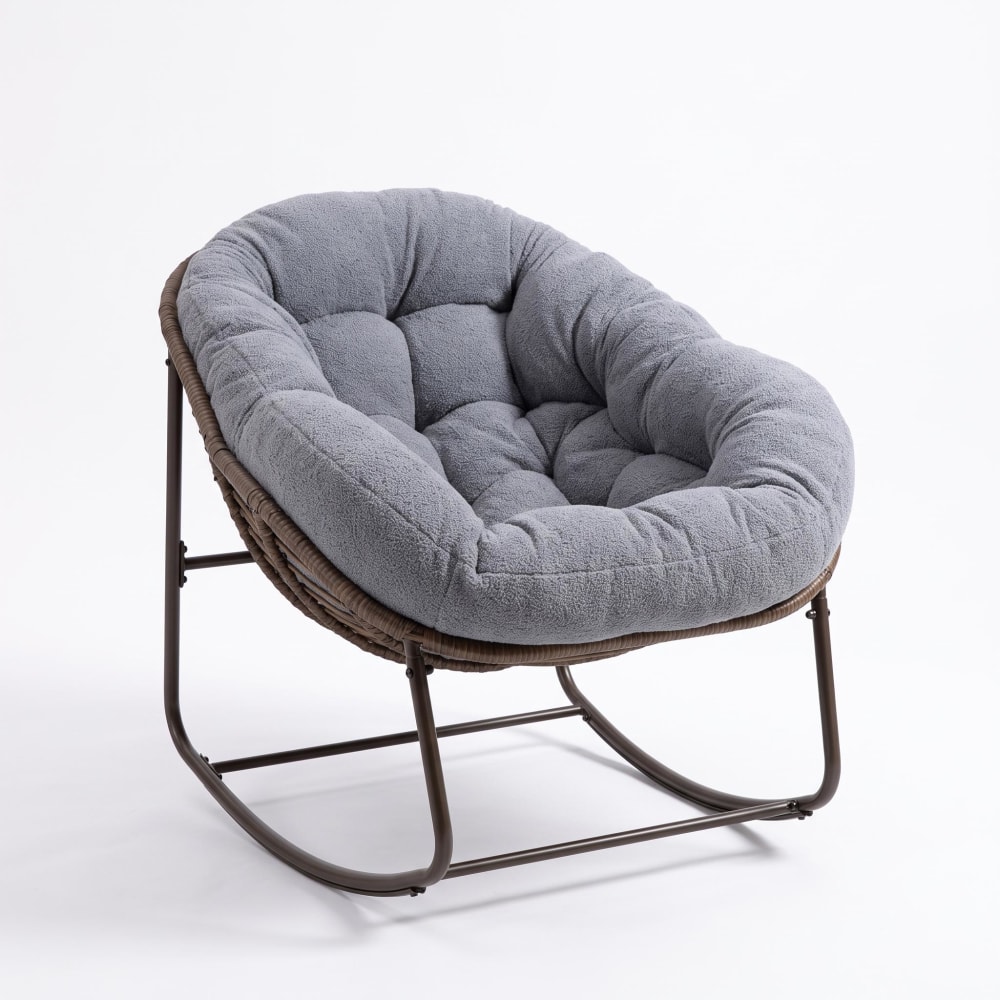 Fauteuil à bascule en rotin extérieur, avec coussin rembourré, gris Fauteuil à bascule en rotin extérieur, avec coussin rembourré, gris