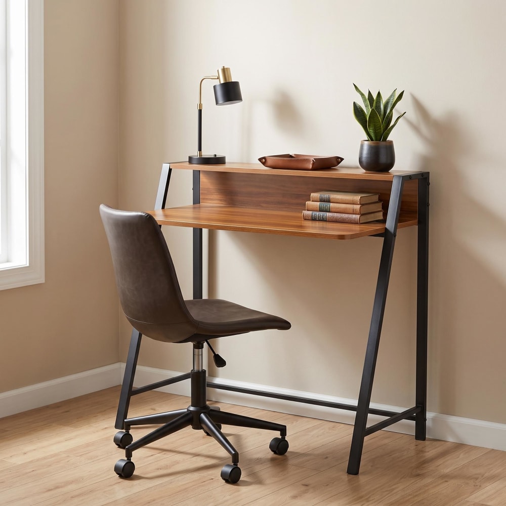Bureau d'ordinateur avec étagère et passe-câbles, finition noyer