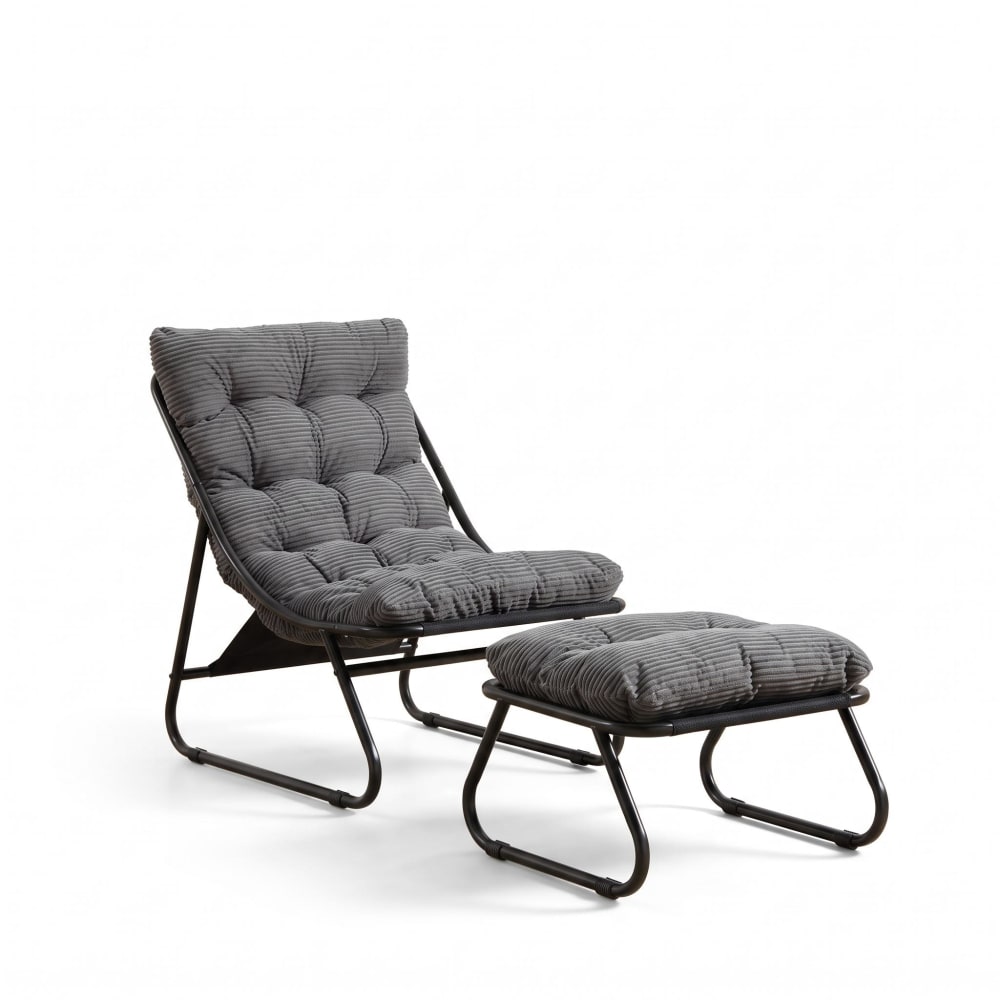 Fauteuil patio avec pouf, tissu rayé vertical, gris