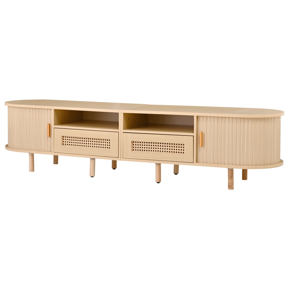 Meuble tv avec 2 tiroirs en rotin et portes coulissantes pour tv 70'' Meuble tv avec 2 tiroirs en rotin et portes coulissantes pour tv 70''