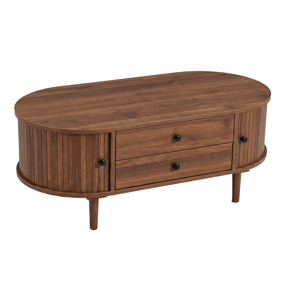 Table basse ovale rétro avec porte coulissante et 2 tiroirs