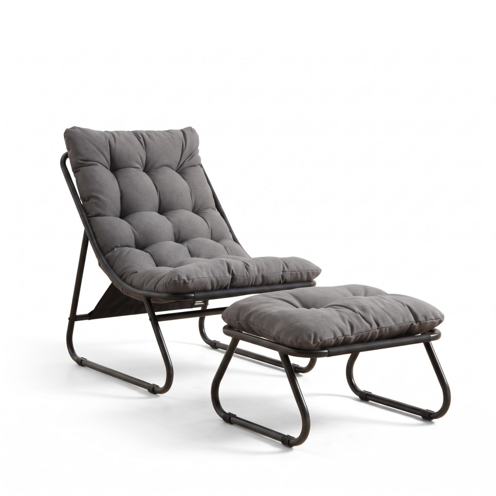 Fauteuil patio avec pouf, coussin et repose-pieds, gris Fauteuil patio avec pouf, coussin et repose-pieds, gris