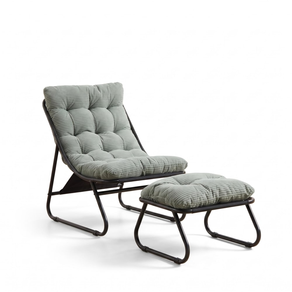 Fauteuil patio avec pouf, tissu rayé vertical, vert clair Fauteuil patio avec pouf, tissu rayé vertical, vert clair
