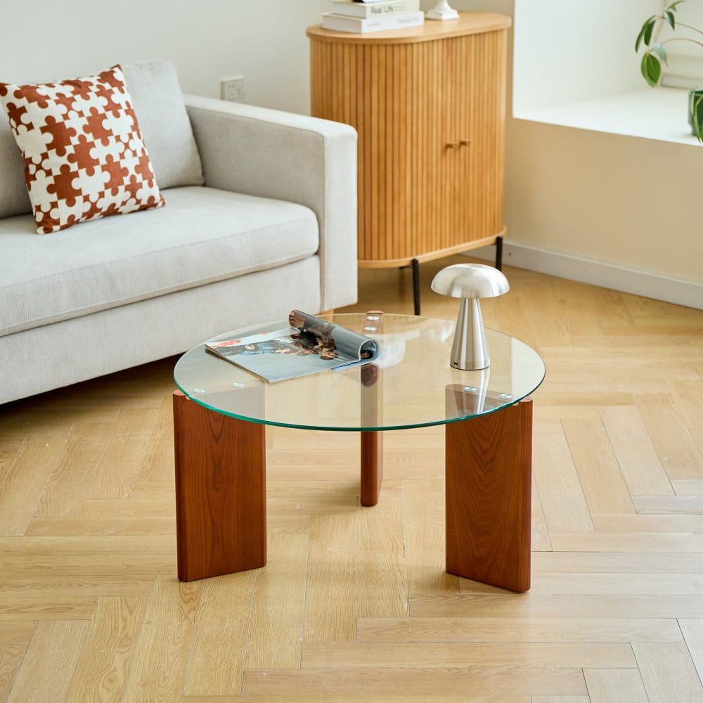 Table basse ronde en bois et verre trempé teinté clair Table basse ronde en bois et verre trempé teinté clair