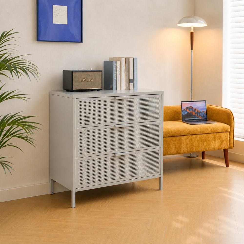 Commode 3 tiroirs en métal beige Commode 3 tiroirs en métal beige