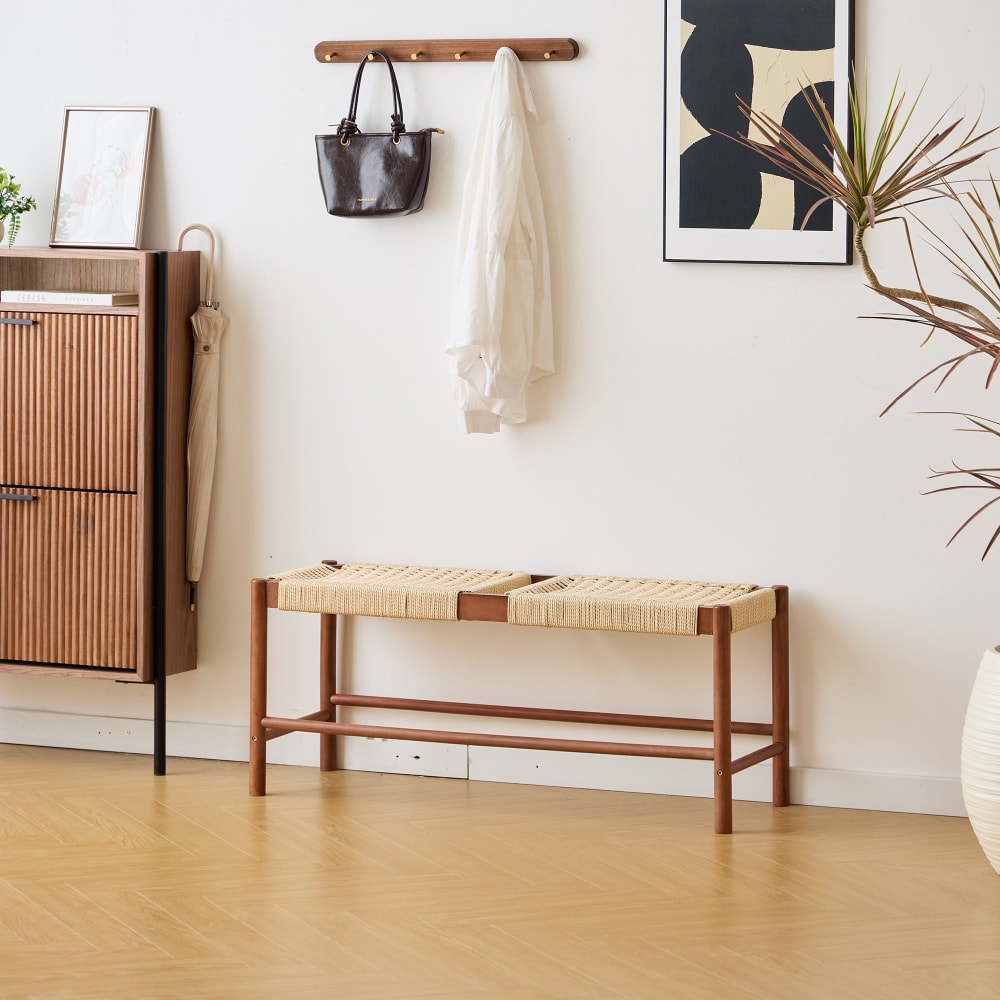 Banc avec rangement en pin massif et corde noyer