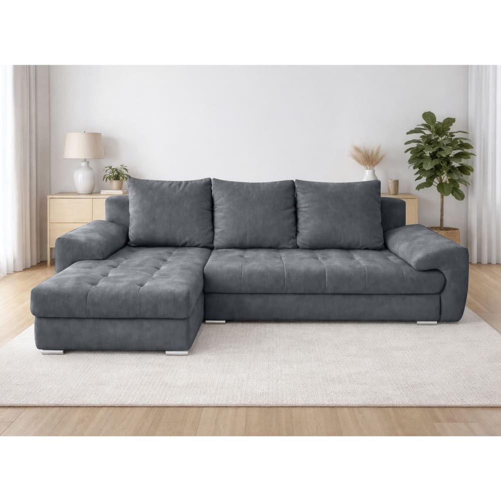 Ecksofa mit Schlaffunktion aus Samt, Dunkelgrau - 234 cm Links -