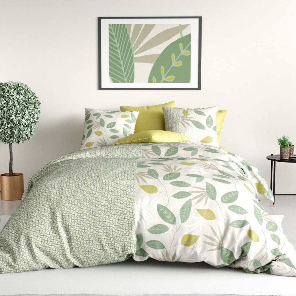 Parure housse couette 260x240cm 2 taies feuilles vert jaune en coton