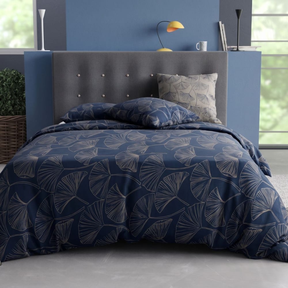 Parure housse couette 240x220cm 2 taies feuille bleu gris en coton