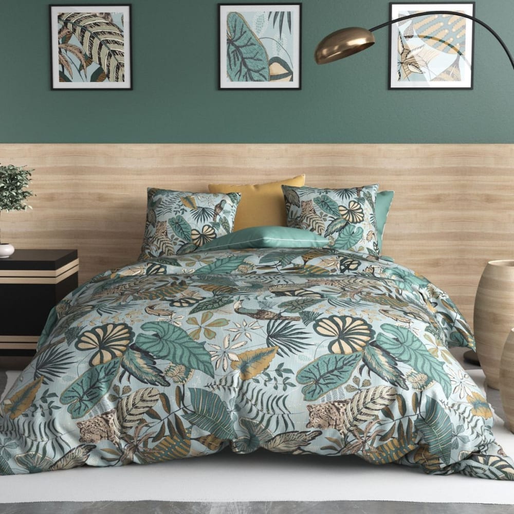 Parure housse couette 260x240cm 2 taies exotique bleu vert en coton